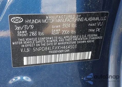 2019 Hyundai Elantra Sel from USA, damaged, VIN 5NPD84LFXKH464503